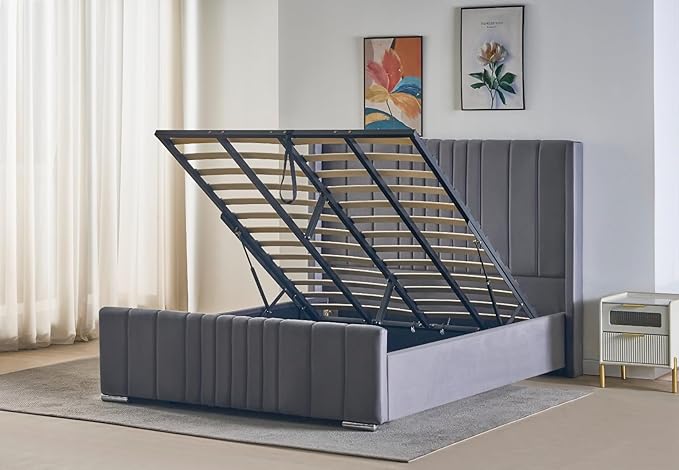 REXwood Furniture Wingback Ottoman Storage Bed Frame – Double & King Size | Plush Velvet Upholstered Bed with Gas Lift Storage & Tall Vertical Tufted Headboard