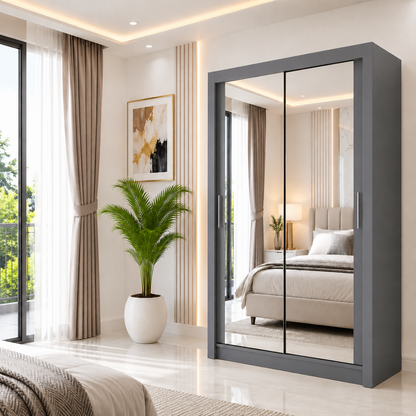 Milan Sliding Door Wardrobe with Mirror – 2 or 3 Doors, Multiple Sizes & Colours, Shelves & Drawers