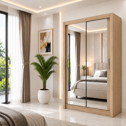 Milan Sliding Door Wardrobe with Mirror – 2 or 3 Doors, Multiple Sizes & Colours, Shelves & Drawers