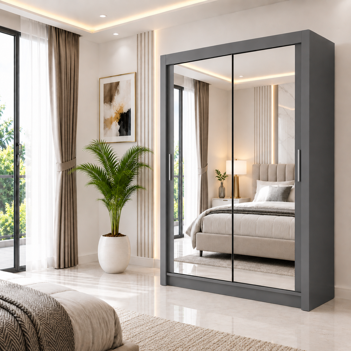 Milan Sliding Door Wardrobe with Mirror – 2 or 3 Doors, Multiple Sizes & Colours, Shelves & Drawers