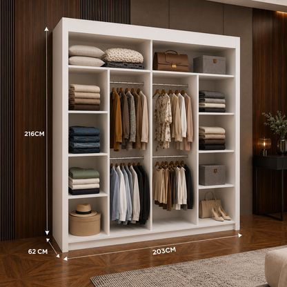Milan Sliding Door Wardrobe with Mirror – 2 or 3 Doors, Multiple Sizes & Colours, Shelves & Drawers