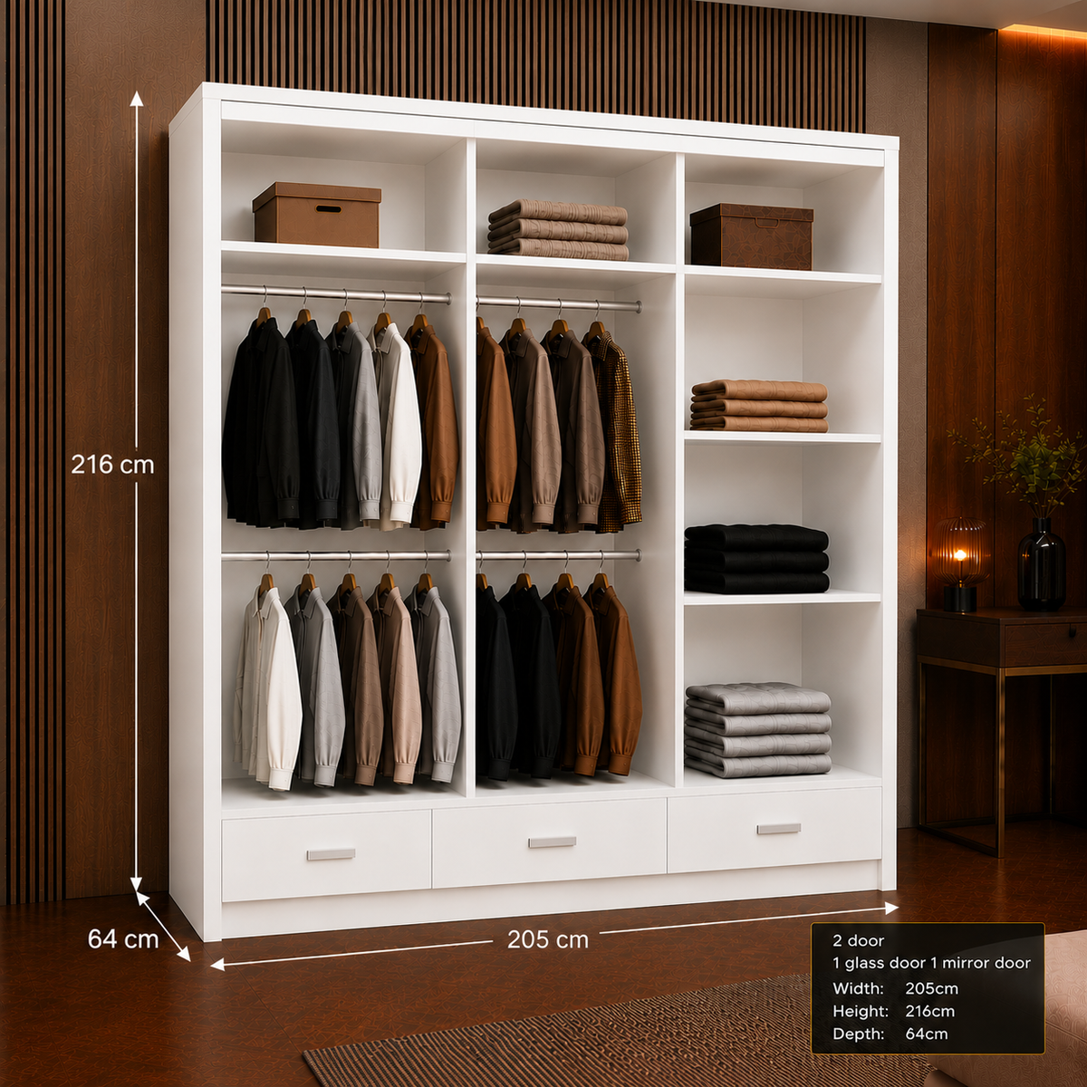 Florence High Gloss Sliding Door Wardrobe with Mirror & LED – White, Black & Grey, Shelves & Drawers
