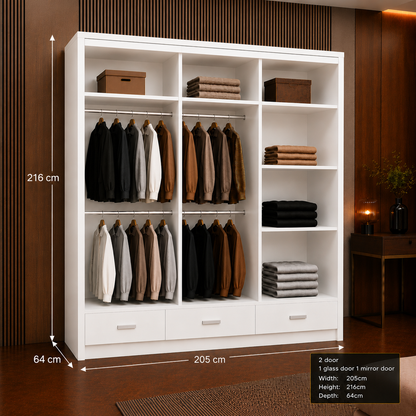 Florence High Gloss Sliding Door Wardrobe with Mirror & LED – White, Black & Grey, Shelves & Drawers