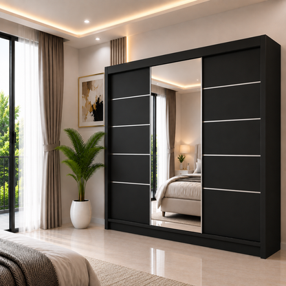 OSLO Sliding Door Wardrobe with Mirror – 2 or 3 Doors – Multiple Sizes & Colours – Shelves, Rails & Drawers