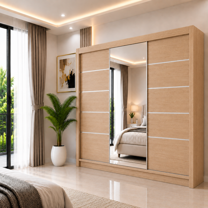 OSLO Sliding Door Wardrobe with Mirror – 2 or 3 Doors – Multiple Sizes & Colours – Shelves, Rails & Drawers