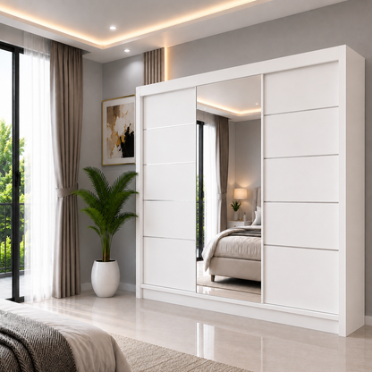 OSLO Sliding Door Wardrobe with Mirror – 2 or 3 Doors – Multiple Sizes & Colours – Shelves, Rails & Drawers