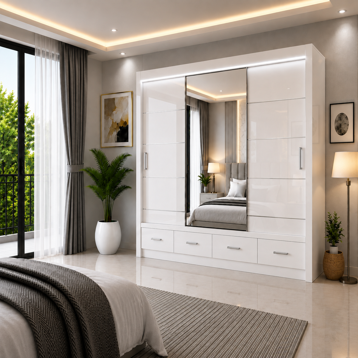 Florence High Gloss Sliding Door Wardrobe with Mirror & LED – White, Black & Grey, Shelves & Drawers