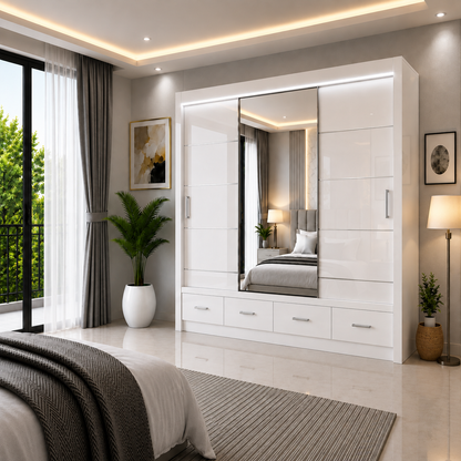 Florence High Gloss Sliding Door Wardrobe with Mirror & LED – White, Black & Grey, Shelves & Drawers
