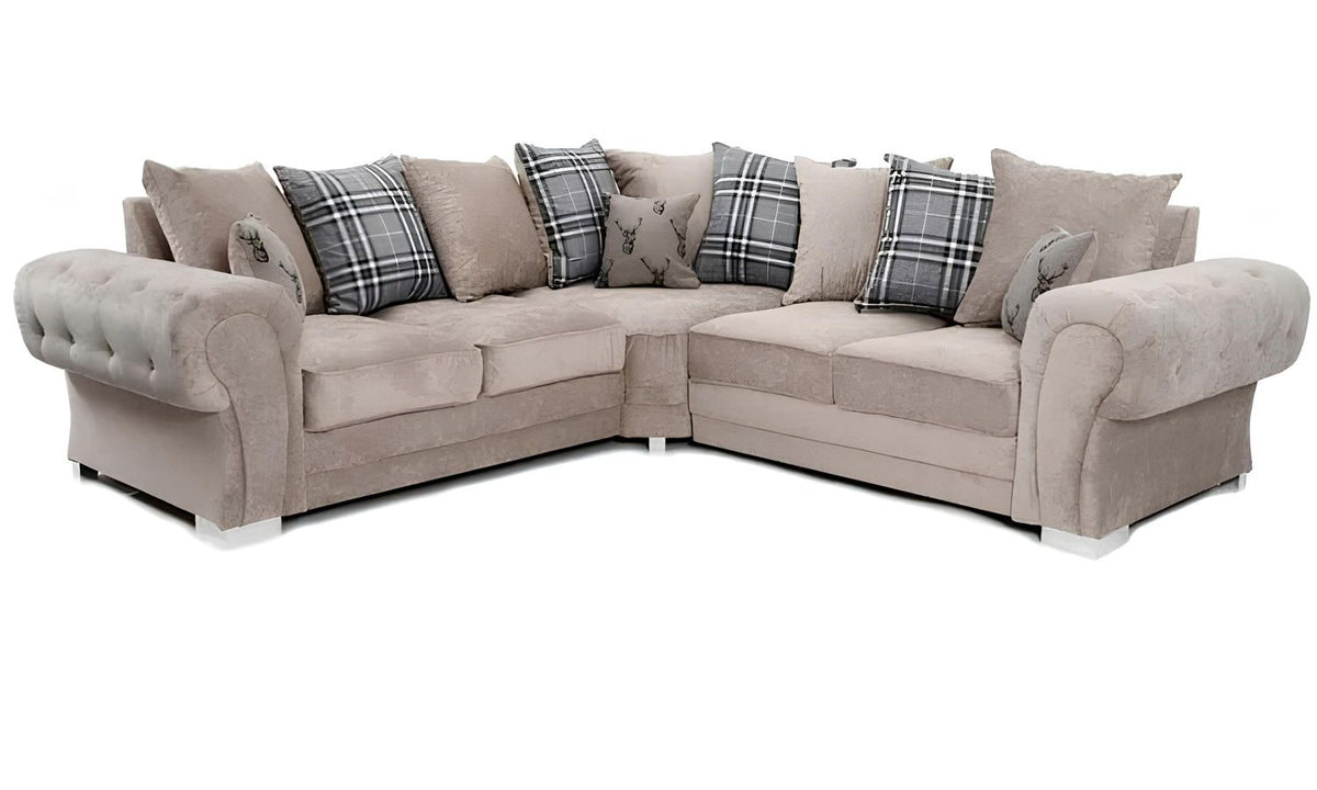 Verona Chenille Corner Sofa – Scroll Arm Tufted Design, 2 & 3 Seater, Chrome Legs