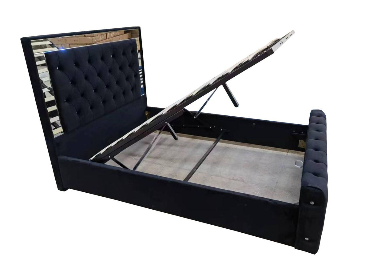 Plush Velvet Ottoman Storage Bed with Gas Lift – Double & King Size, Blue, Black or Grey