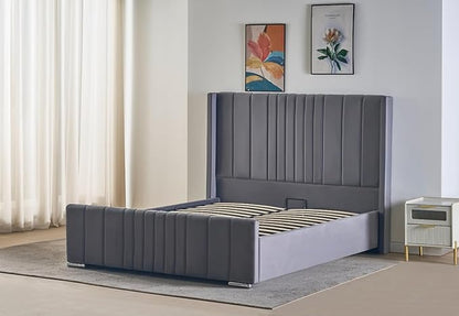 REXwood Furniture  Wingback Ottoman Storage Bed Frame – Double & King Size | Plush Velvet Upholstered Bed with Gas Lift Storage & Tall Vertical Tufted Headboard