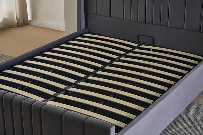 REXwood Furniture  Wingback Ottoman Storage Bed Frame – Double & King Size | Plush Velvet Upholstered Bed with Gas Lift Storage & Tall Vertical Tufted Headboard