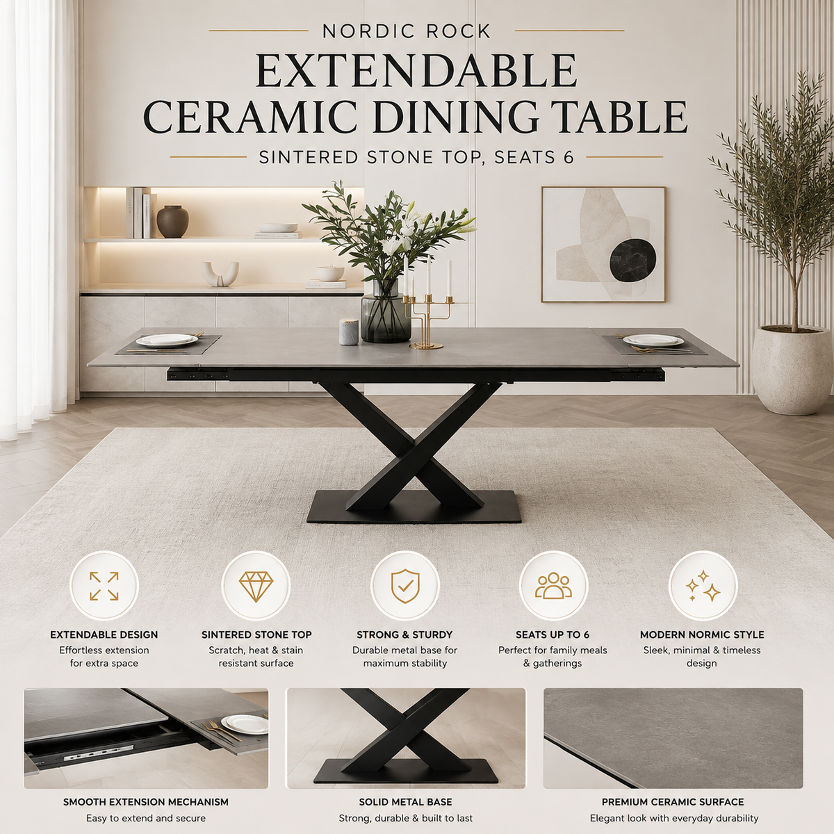 Nordic Rock Extendable Ceramic Dining Table – Sintered Stone Top, Seats 6, Modern Dining Table