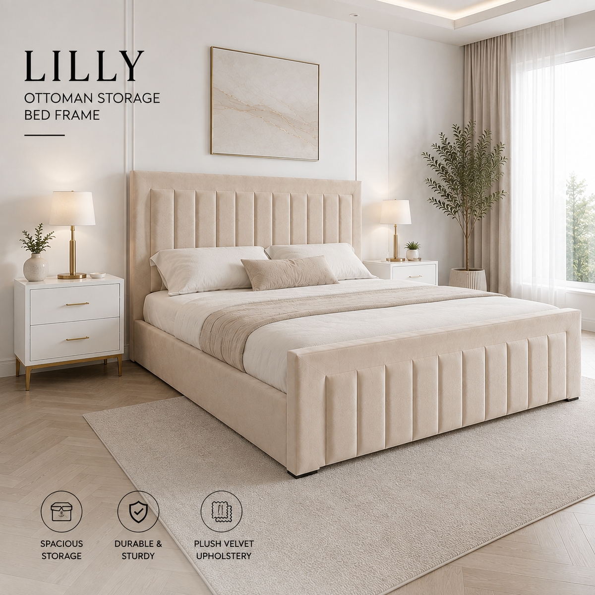 Lilly Ottoman Double Bed Frame – Plush Velvet Upholstered Panel Design with Gas Lift Storage – Grey or Beige