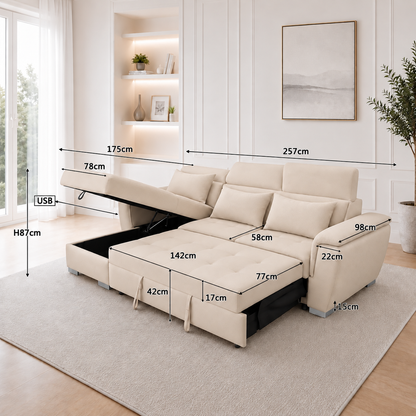 Antonio Velvet Corner Sofa Bed with Storage & USB – Double Sleeper, Universal Left/Right