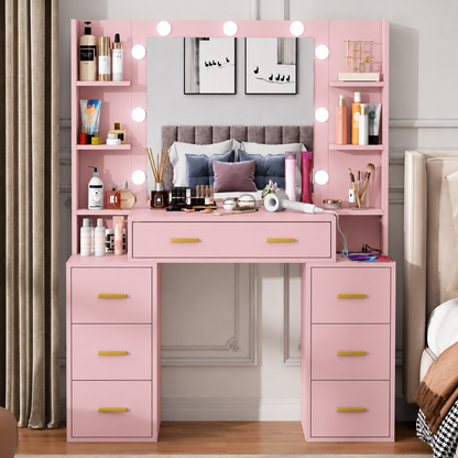 Modern Black Dressing Table with LED Mirror, 6 Drawers &amp; Storage Shelves