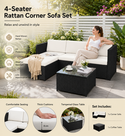 4-Seater Rattan Corner Sofa Set with Glass Coffee Table – Outdoor Garden Patio Furniture