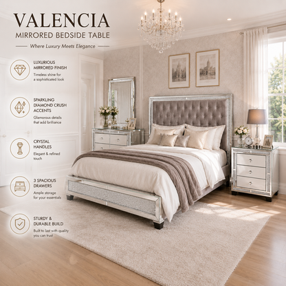 Valencia Mirrored Bedside Table – 3 Drawers – Plain or Crushed Diamond Finish – Pre-Assembled