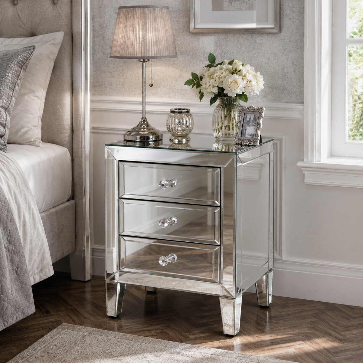 Valencia Mirrored Bedside Table – 3 Drawers – Plain or Crushed Diamond Finish – Pre-Assembled