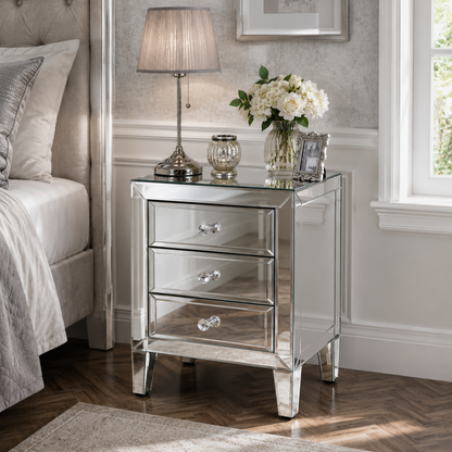 Valencia Mirrored Bedside Table – 3 Drawers – Plain or Crushed Diamond Finish – Pre-Assembled