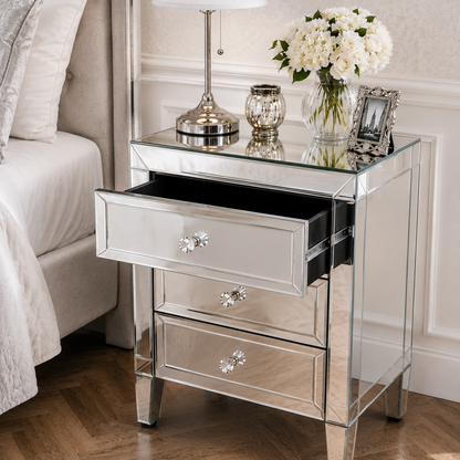 Valencia Mirrored Bedside Table – 3 Drawers – Plain or Crushed Diamond Finish – Pre-Assembled