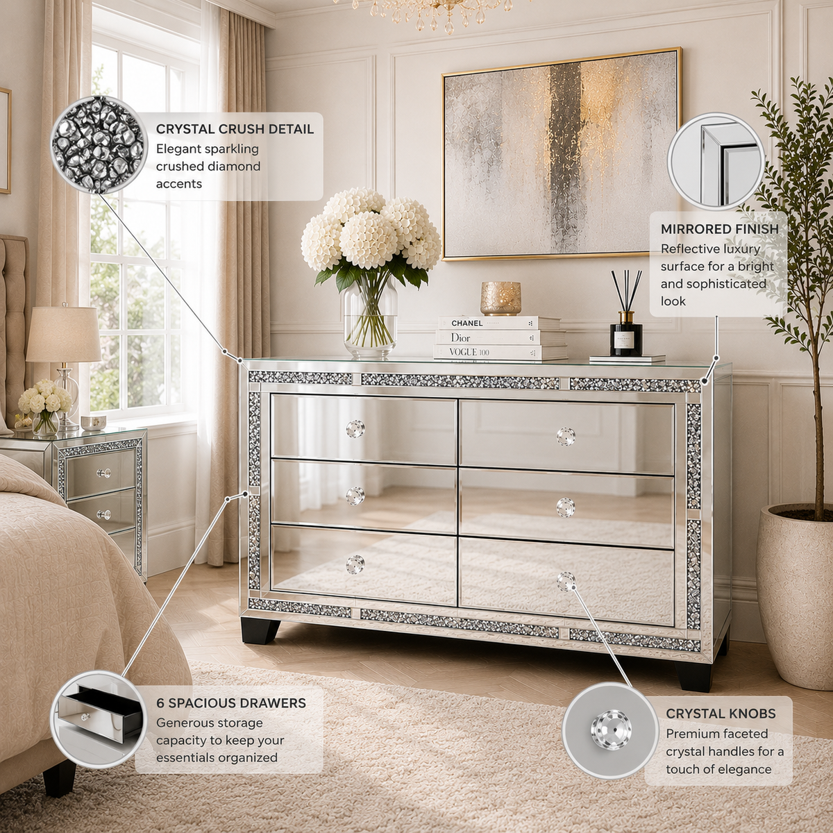 Valencia Mirrored 6 Drawer Chest – Silver Glass, Crushed Diamond or Plain Finish, Pre-Assembled