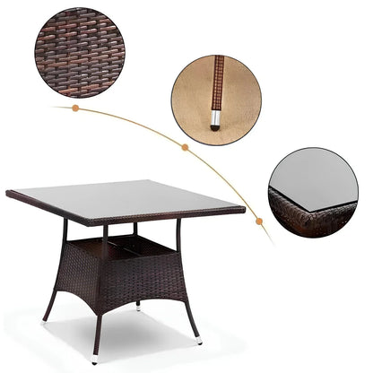 5-Piece Rattan Patio Dining Set – Brown Wicker Chairs & Glass-Top Table – Outdoor Garden Furniture for 4